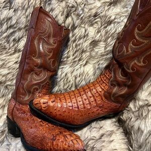 TONY LAMA Men's Two-Tone Brown CAIMAN & LEATHER Western Boots-Sz 7 EE